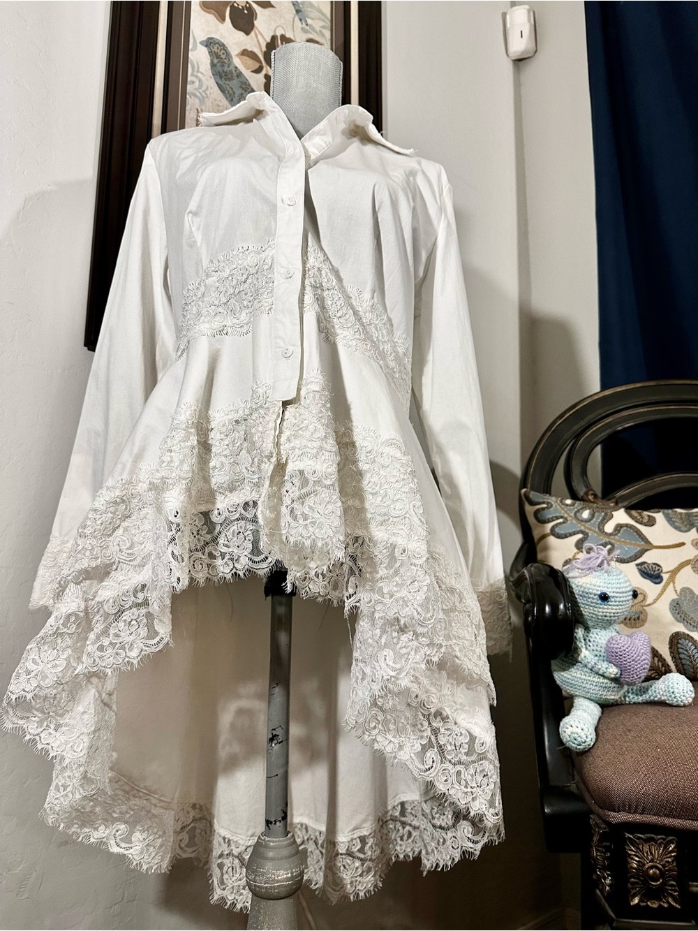 VTG Marc Bouwer White Lace High Low Peplum Blouse L